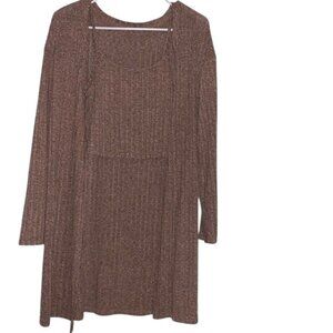Brown Ribbed 2-Piece Set: Long Cardigan & Top - Size S